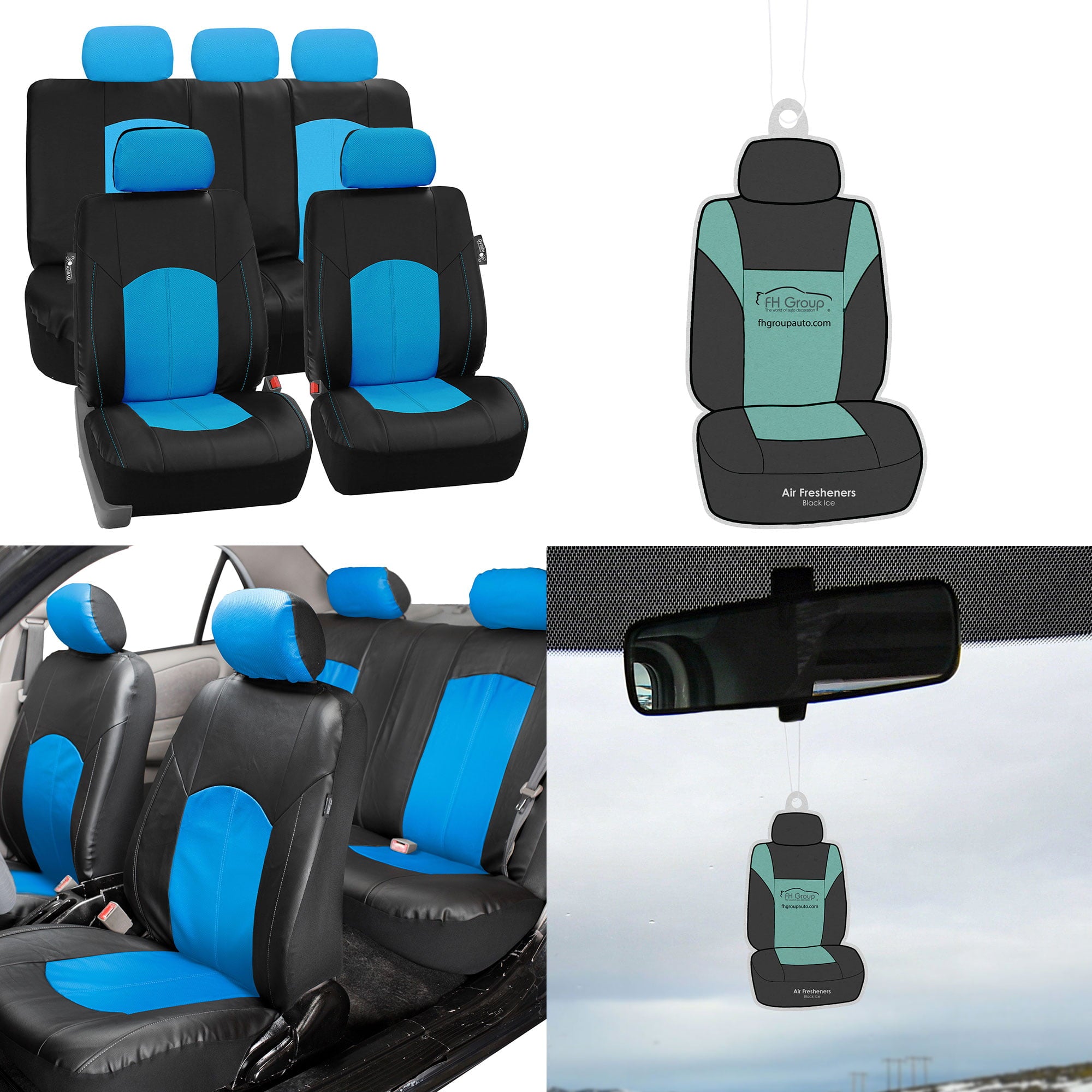 FH Group， Blue Black Deluxe Leather Seat Covers Full Set w/ Free Air Freshener， Airbag Compatible / Split Bench Covers