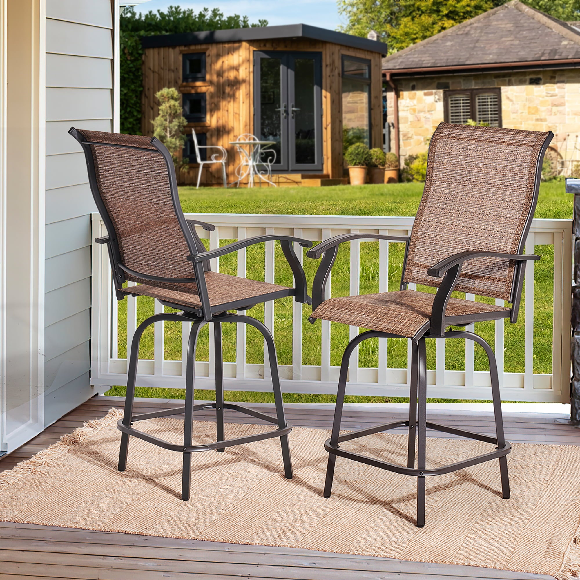 BaPiPro 2 PCS Swivel Bar Stools Set， Bar Height Patio Bistro Set Textilene Fabric， Suitable for Porch， Outdoor Kitchen， Backyard and Swimming Pool