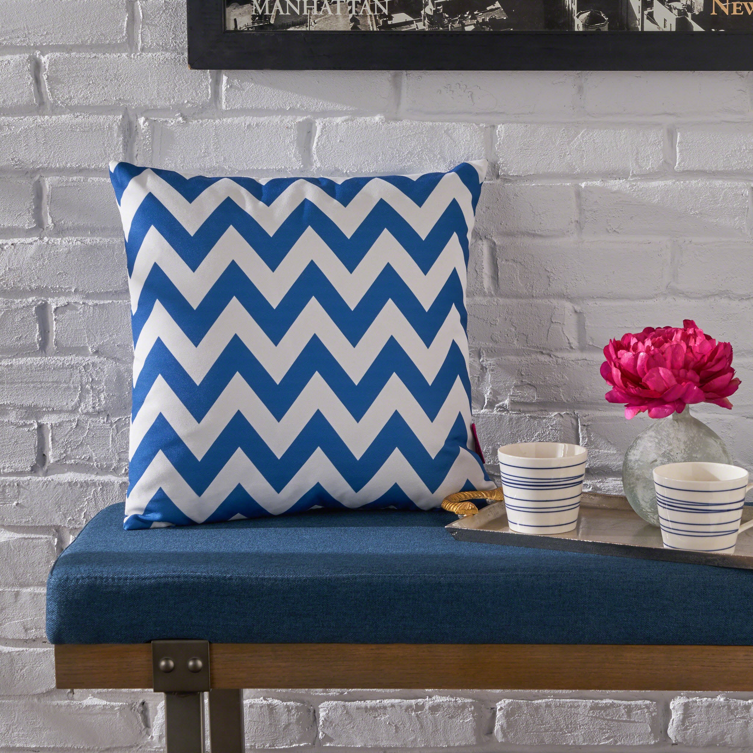 Ernest Indoor Blue and White Zig Zag Striped Water Resistant Square Throw Pillow