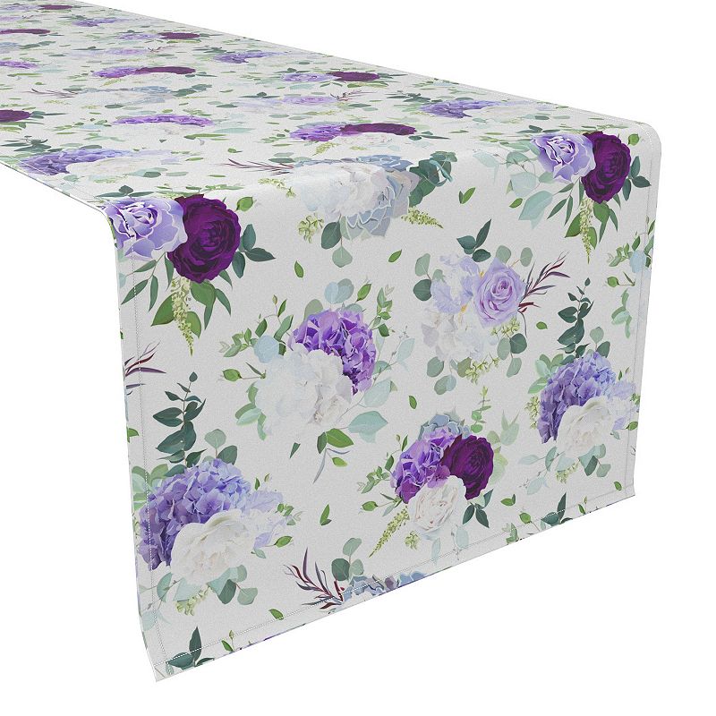 Table Runner， 100% Polyester， 12x72， Purple and White Hydrangeas