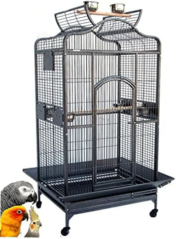 Extra Large Elegant Open Dome Top With Play Wooden Perch Stand Bird Parrot Cage For Macaw Cockatoo African Grey (35.25 X 29.5 X 62H Inches， Black Vein)