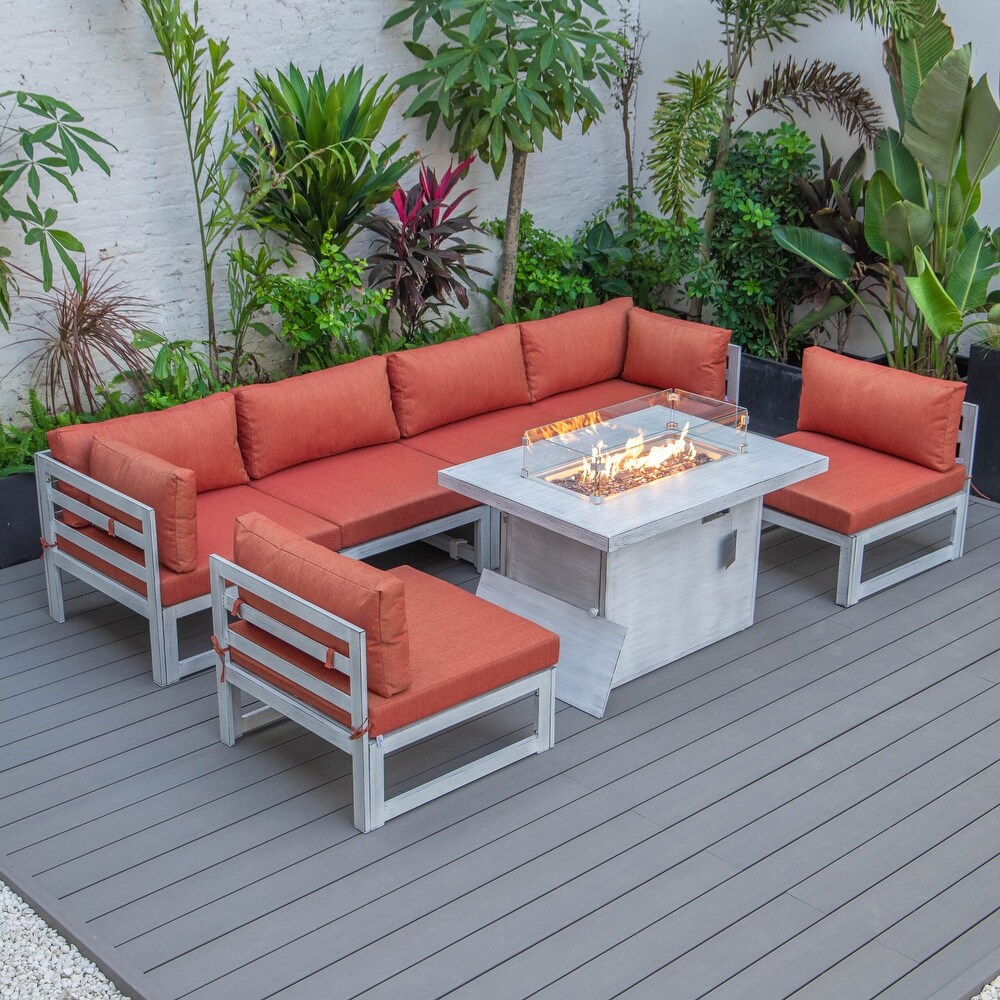 LeisureMod Chelsea 7 Piece Grey Patio Sectional With Fire Pit Table