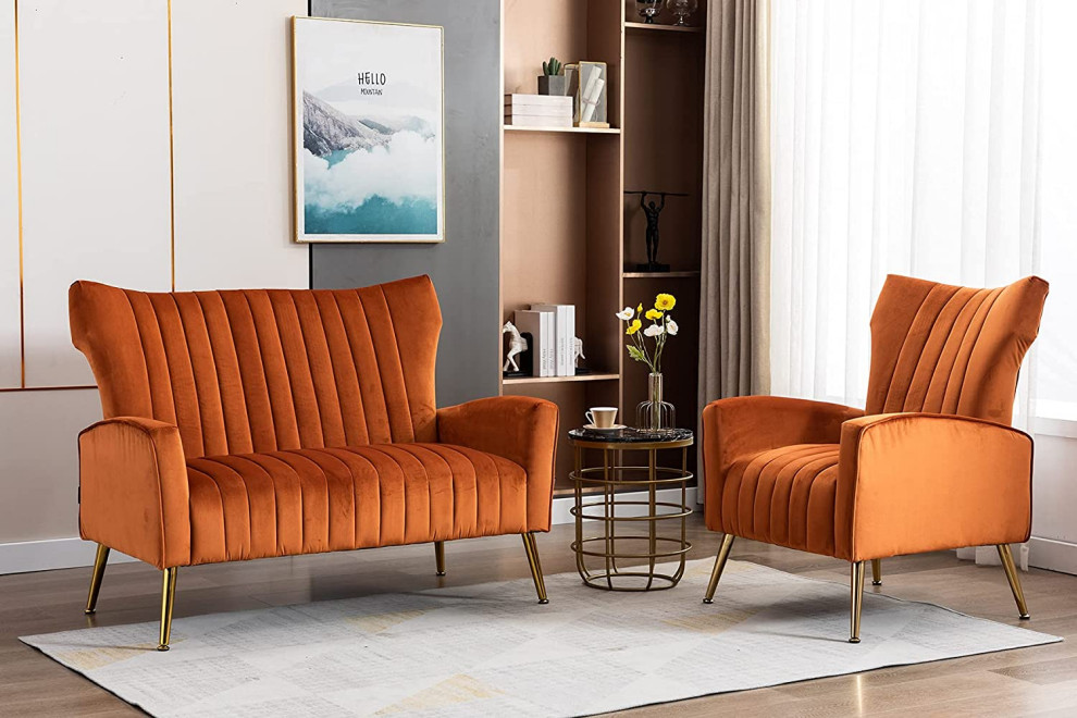 Caramel Color  Curved Tufted Contemporary Velvet High Back Loveseat Sofa   Midcentury   Armchairs And Accent Chairs   by Imtinanz  LLC  Houzz