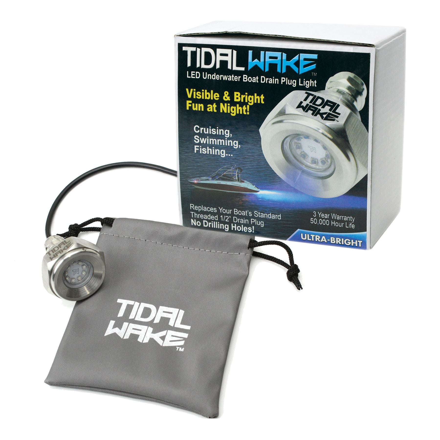 Tidal Wake IP68 Underwater 1/2inch Standard Boat Drain Plug LED Light Built-in Driver and Overheat Protection 3 Year/50，000hr Warranty， 316 Stainless Steel， 12-30v/27w Bright