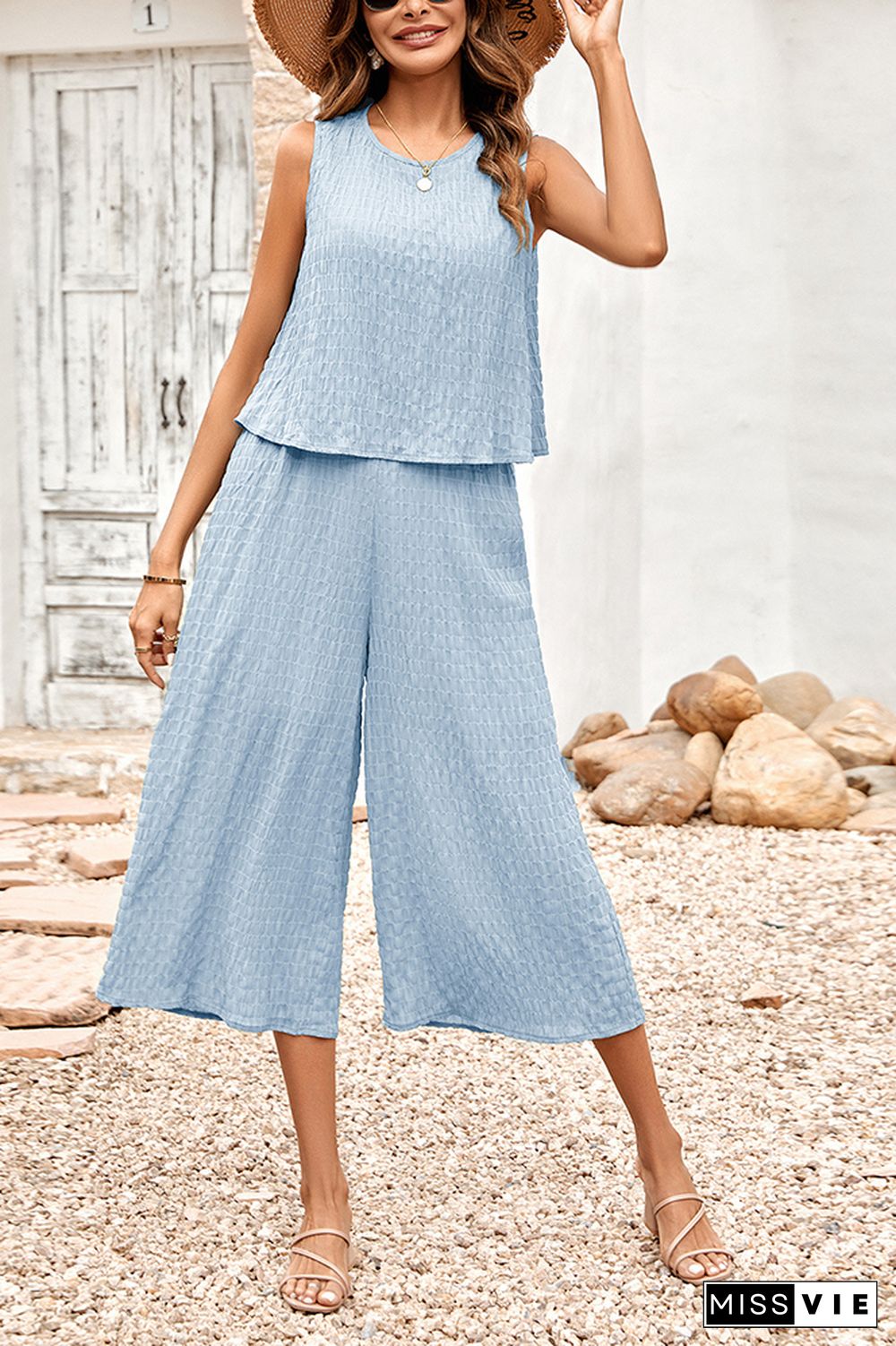 Frilled Texture Sleeveless Tank with Wide Leg Pants Jumpsuit