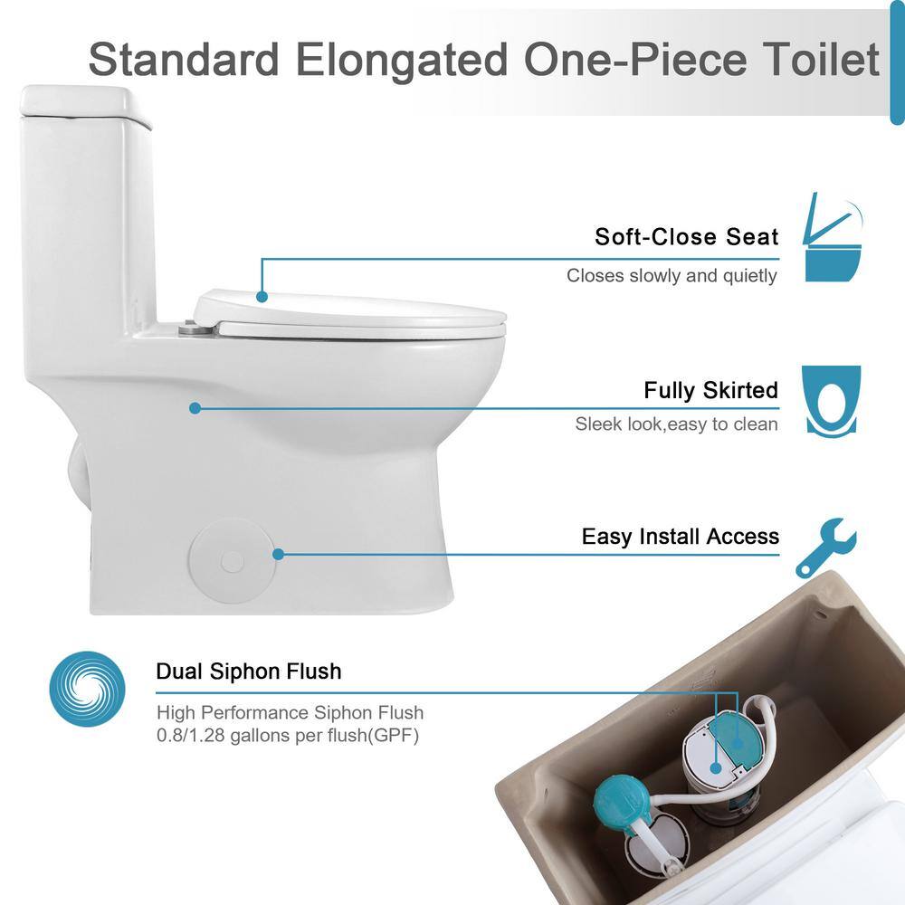 HOROW 1-piece 0.81.28 GPF Dual Flush Elongated Toilet in White with Seat Included HR-0037