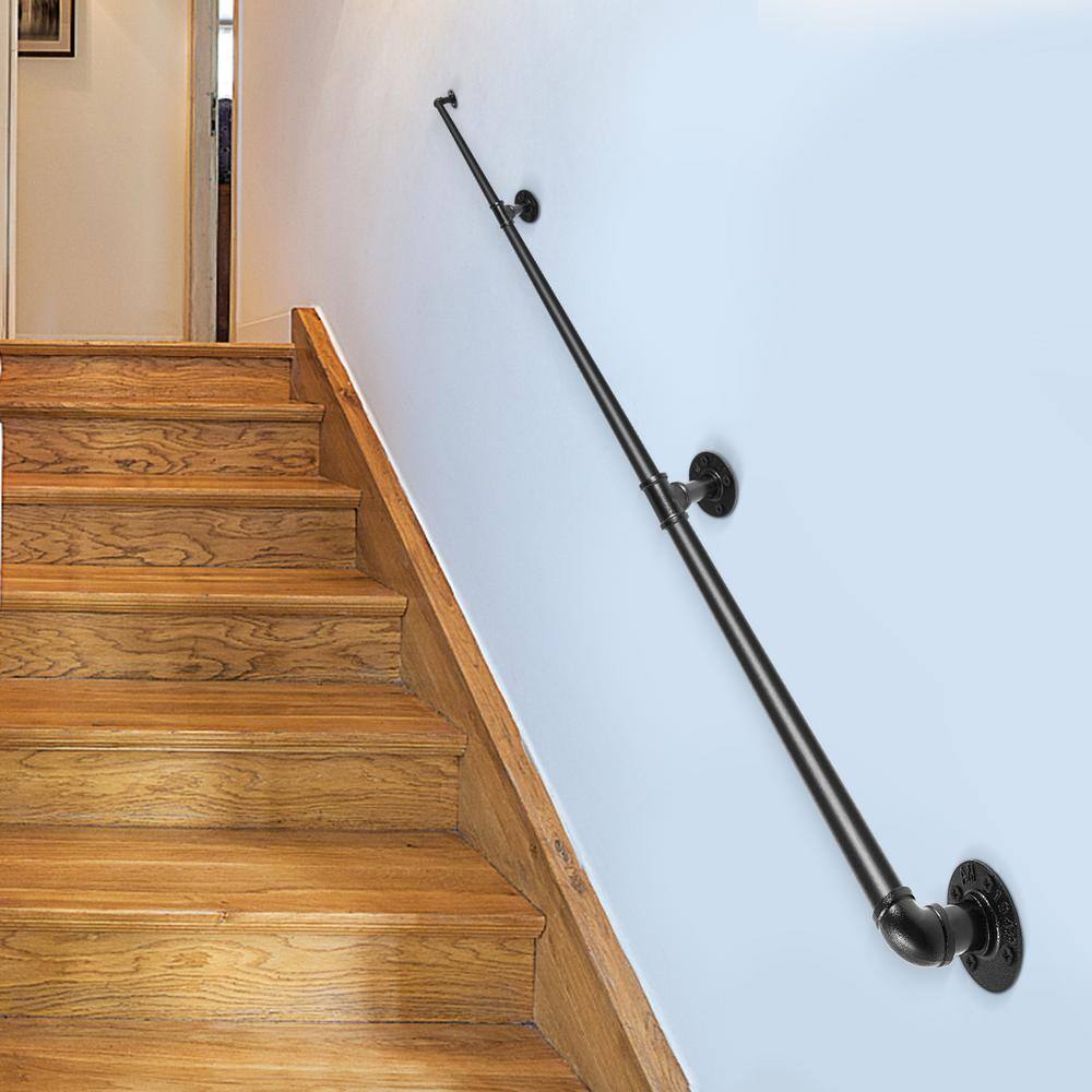 VEVOR 10 ft. Pipe Stair Handrail 440 lbs. Load Capacity Wall Mounted Handrail Round Corner Handrails for Outdoor Steps Black TZBGSLTFSGY10E0RRV0