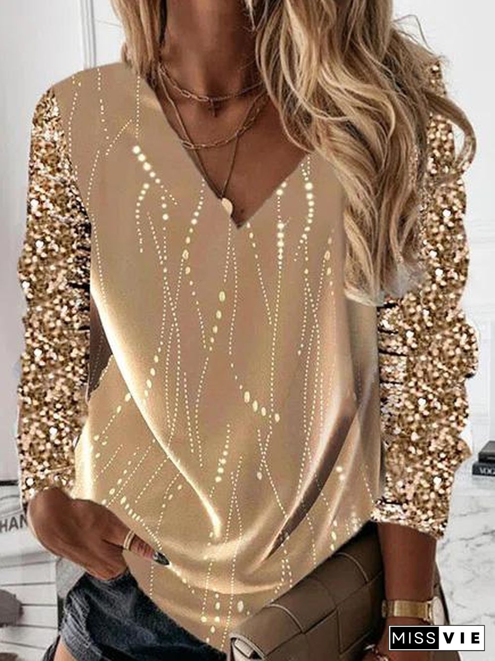 Women's T-Shirts V-Neck Sequined Long Sleeve T-Shirt