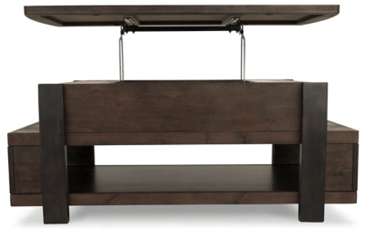 Signature Design by Ashley Vailbry Rustic Rectangular Lift Top Coffee Table with 2 Side Storage Compartments and Open Lower Shelf, Brown with Distressed Finish