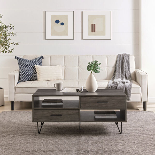 Croft Slate Gray Two-Drawer Coffee Table with Hairpin Legs