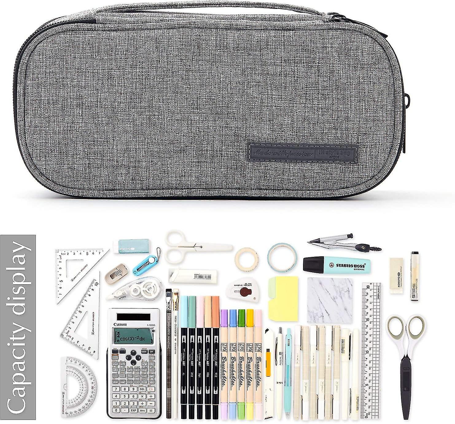 Veeki Pencil Case Big Capacity Handheld 3 Compartments Pencil Pouch Portable Large Storage Canvas Pencil Bag For  Adults Students Business Office(grey