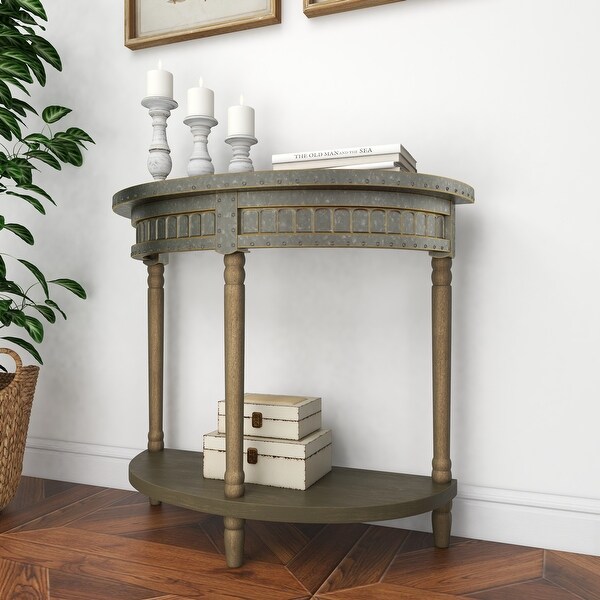 Beige Wood and Iron Metal Half Moon Farmhouse Console Table