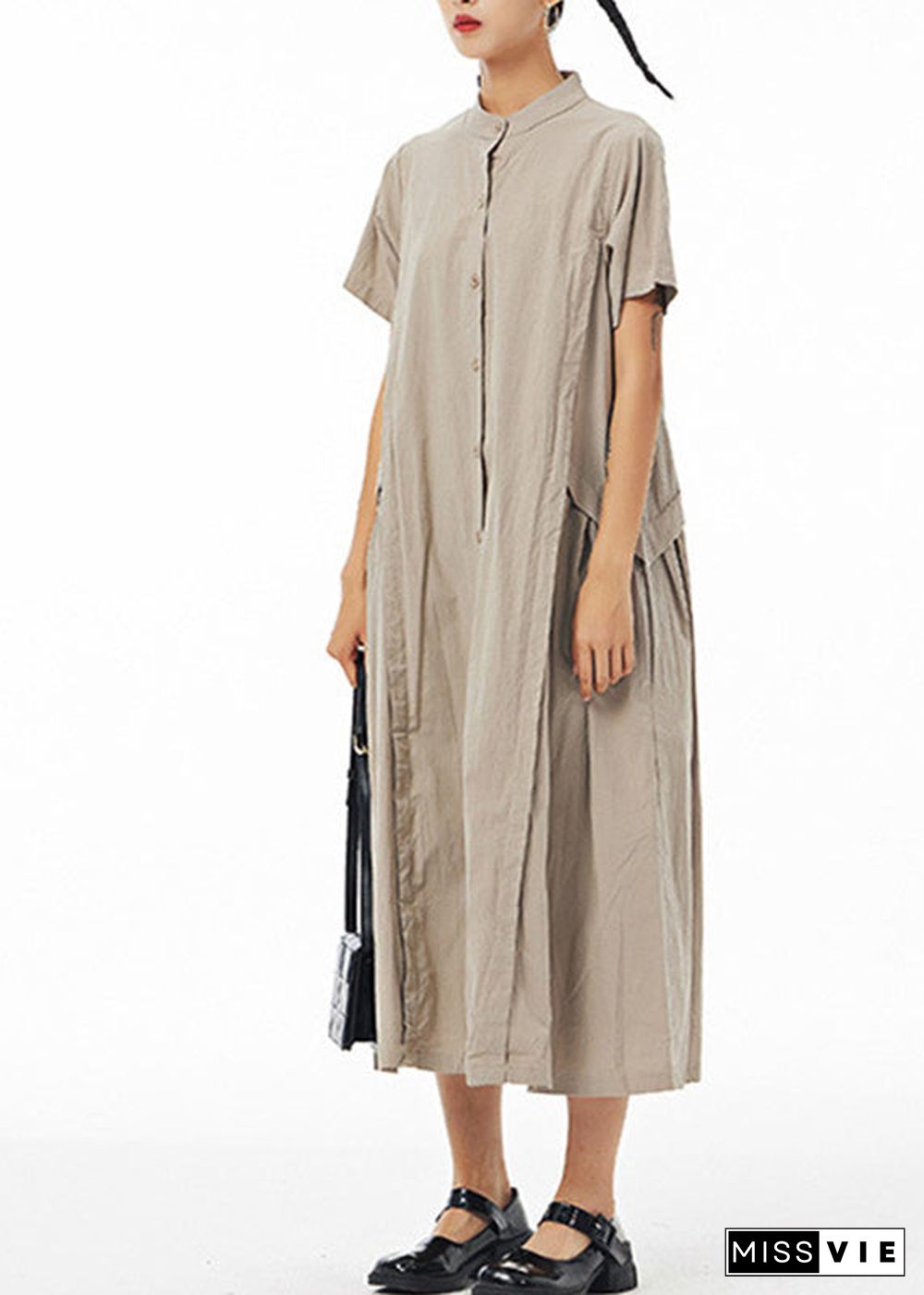 Casual Khaki Stand Collar Button Solid Cotton Long Shirt Dress Summer