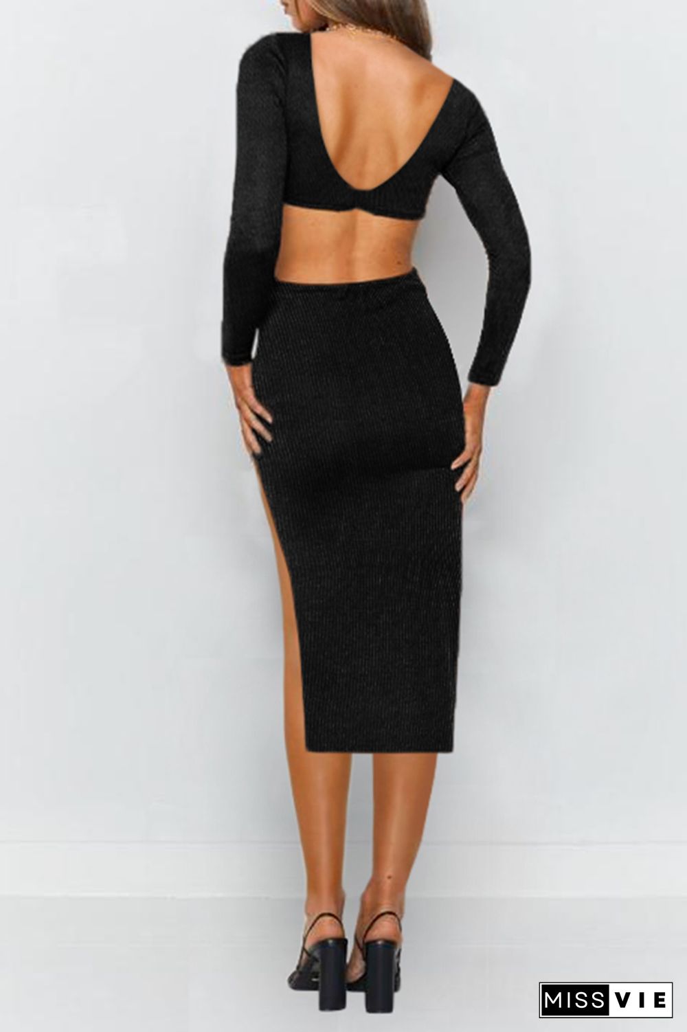 Elegant Solid Hollowed Out Backless Slit V Neck Pencil Skirt Dresses