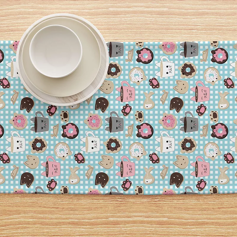 Table Runner， 100% Polyester， 14x108， Cat Lovers Mugs and Donuts