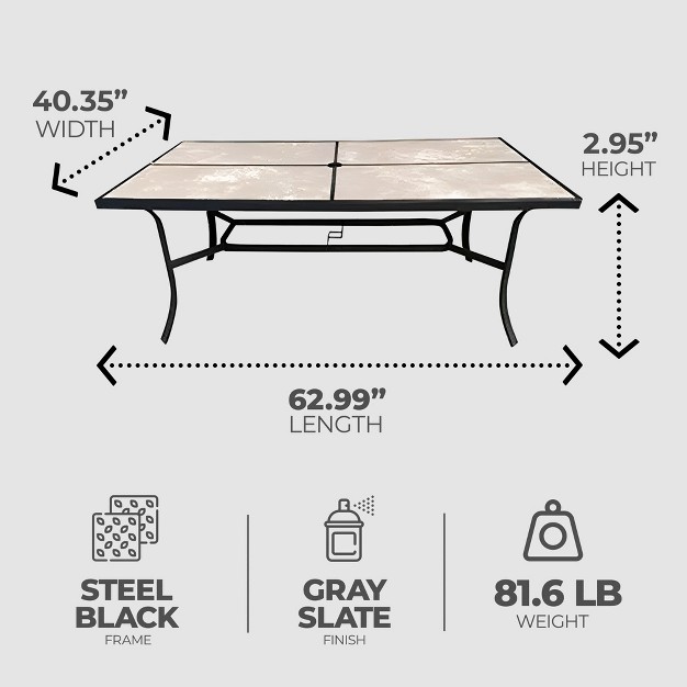 Rectangular Steel Frame Dining Table Outdoor Backyard Garden Or Patio Furniture With Glass Tabletop Gray