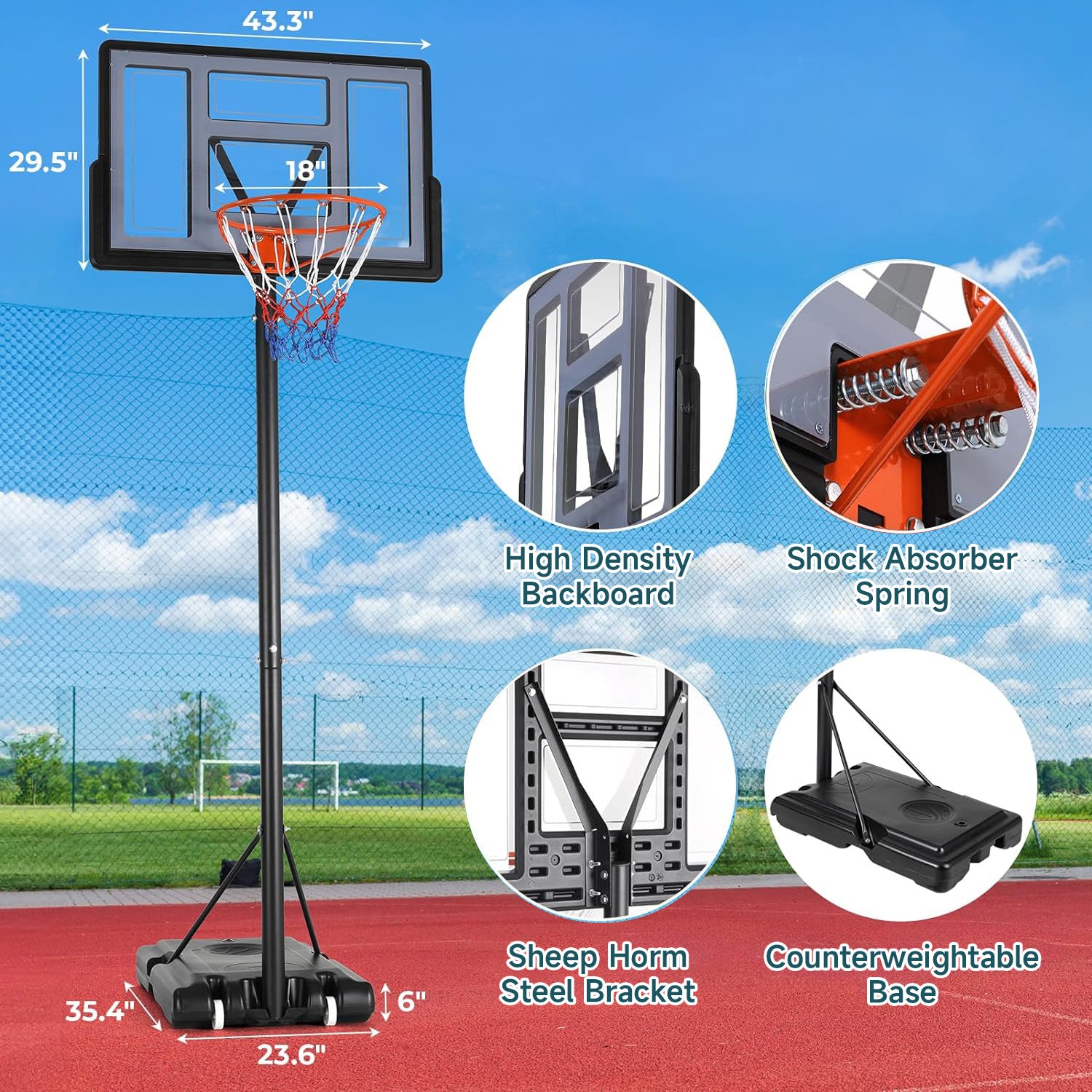 Outdoor Portable Basketball Hoop Adjustable Height Basketball Stand With 44