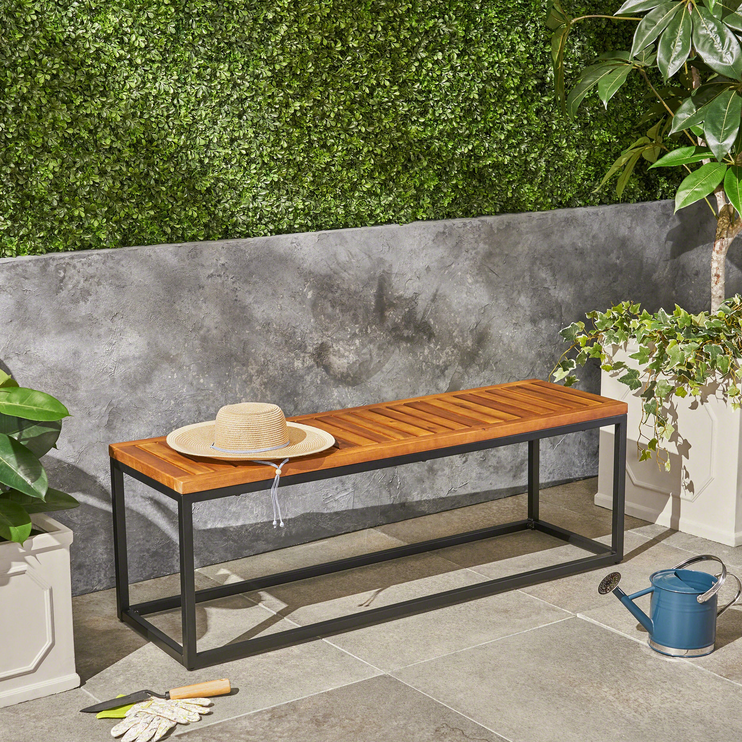 Drew Outdoor Industrial Acacia Wood and Iron Bench