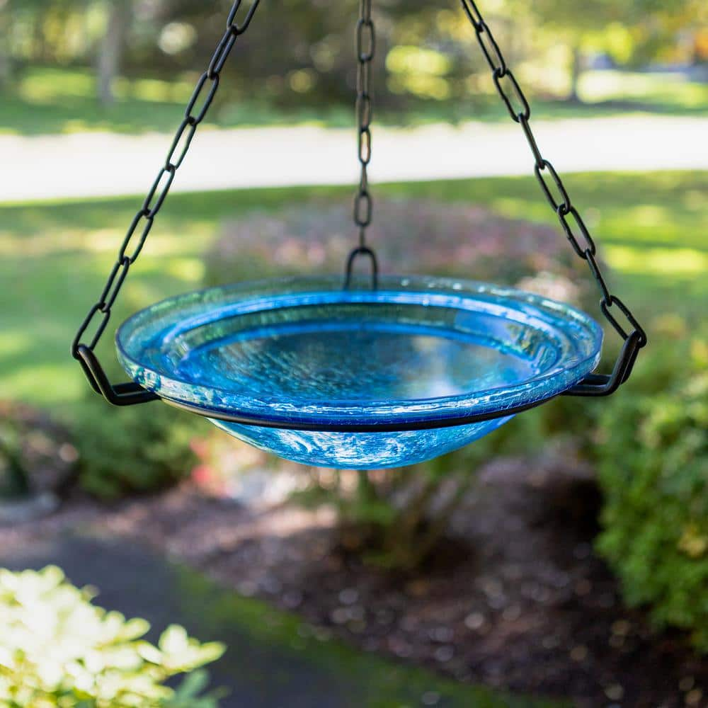 ACHLA DESIGNS 12.5 in. Tall Teal Crackle Glass Hanging Birdbath Bowl BBH-02T