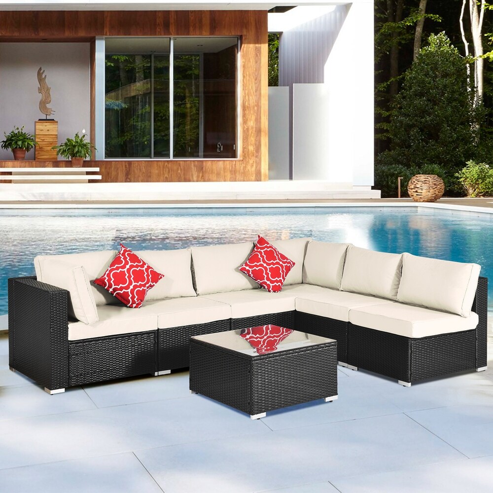 Outdoor Garden Patio Furniture 7 Piece PE Rattan Wicker Sectional Cushioned Sofa Sets with 2 Pillows and Coffee Table