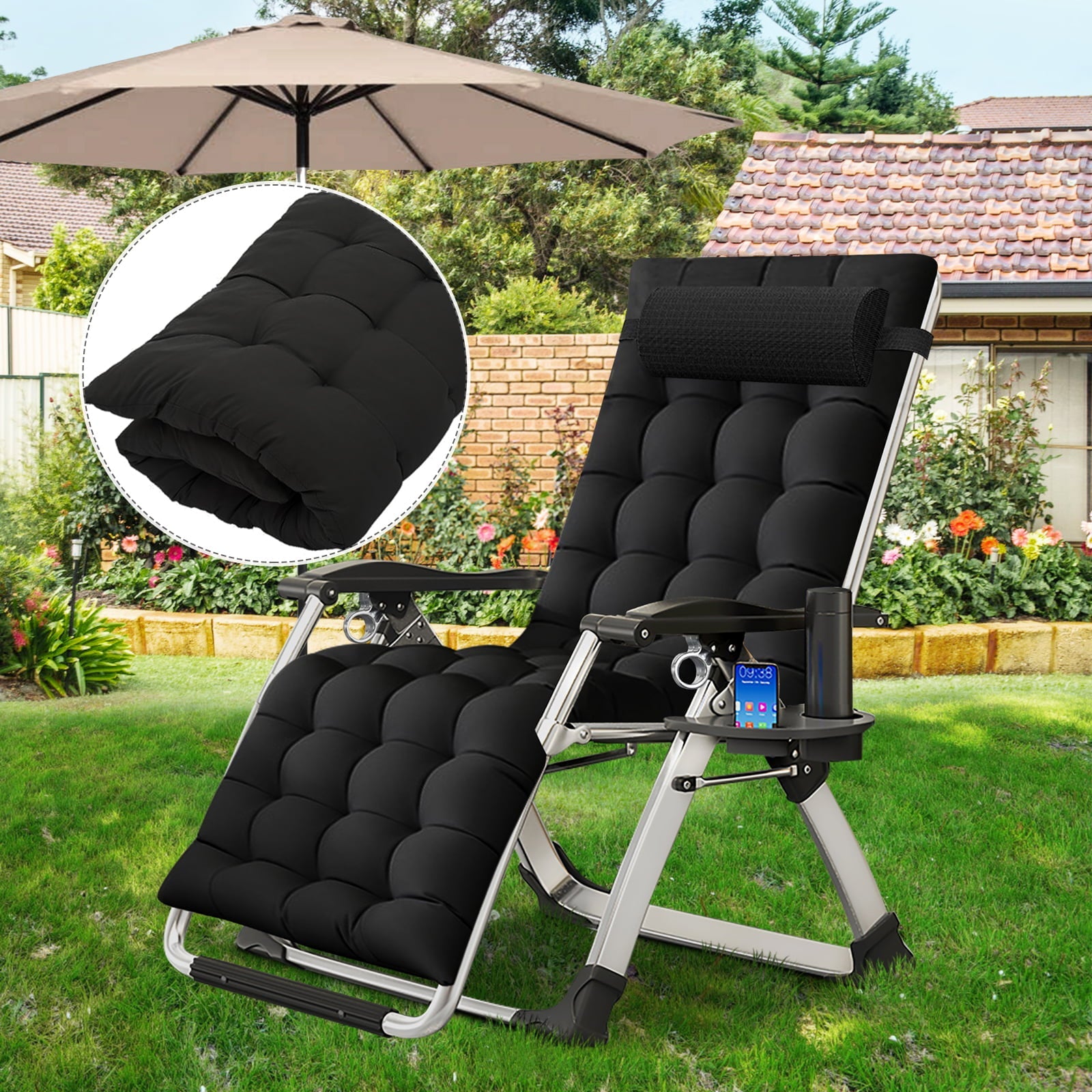 Docred Zero Gravity Chair , Lawn Recliner Folding Chaise Lounge with Removeable Pad Soft Cushion, Headrest and Cup Holder, Camping chairs Patio Fold Lounger Chair