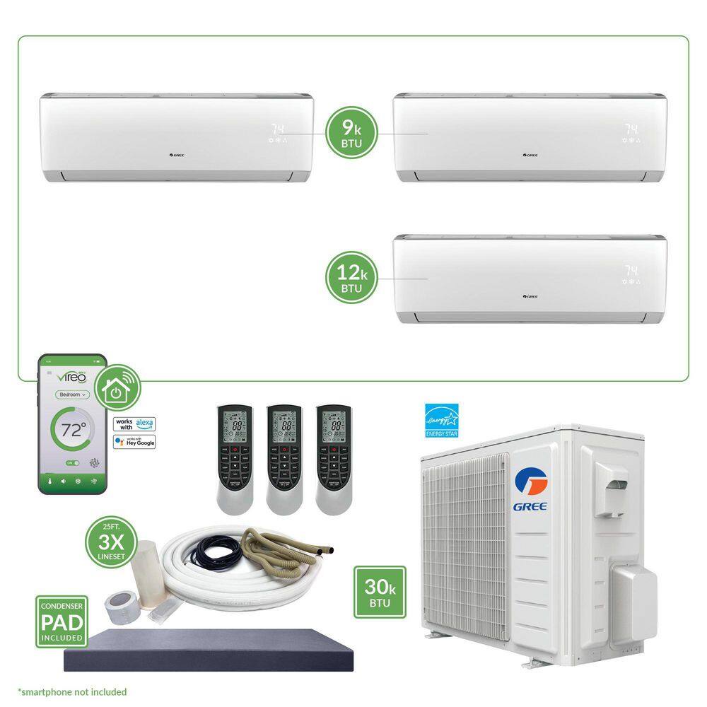 GREE Gen3 Smart Home Triple-Zone 28400 BTU 2.5 Ton Ductless Mini Split Air Conditioner  Heat Pump 25 ft. Install Kit 230V MULTI30VIR310HP