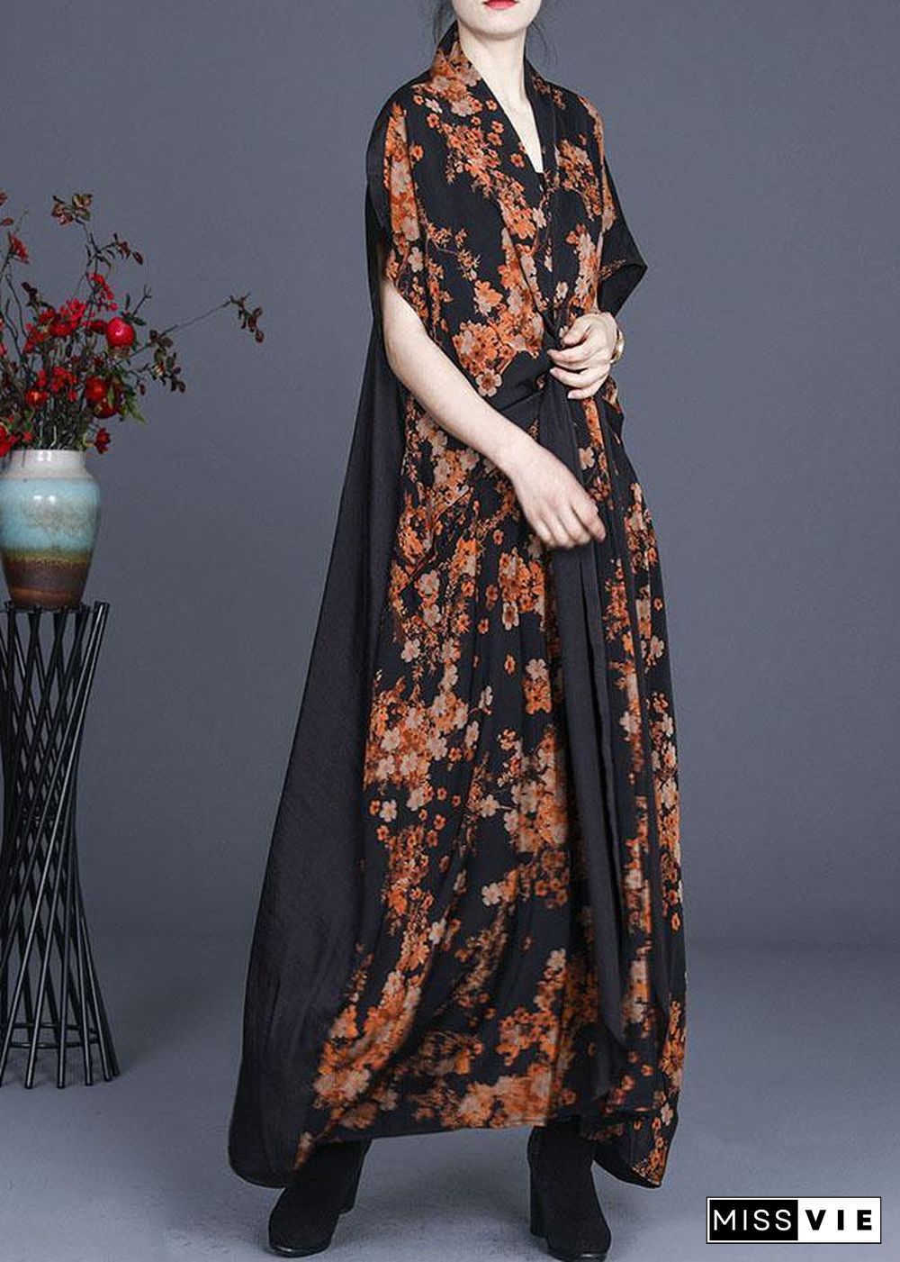 Natural Black Print Patchwork Silk Summer Maxi Dress