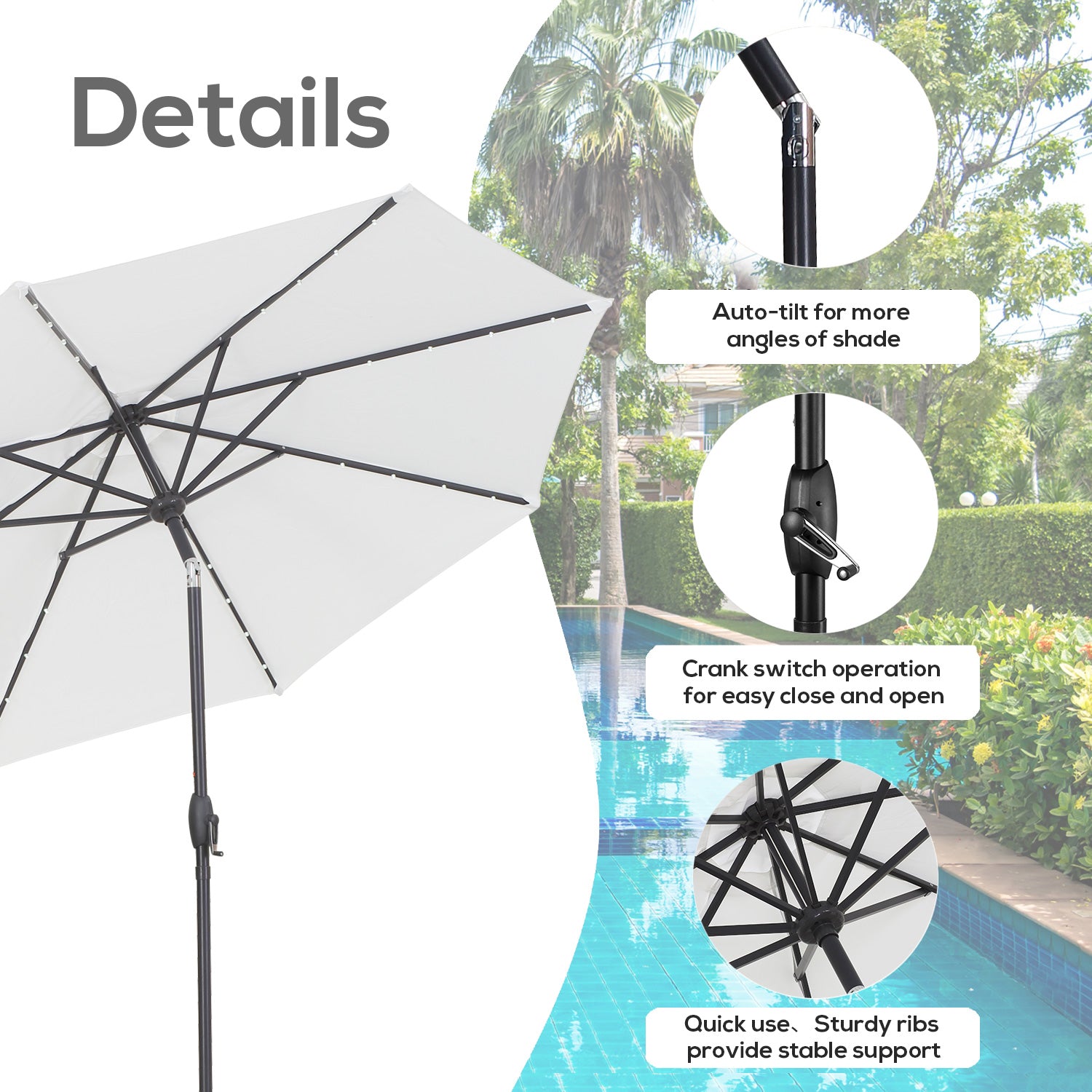 Autlaycil 9ft Solar Patio Umbrellas LED Patio Market Steel Tilt w/ Crank Outdoor, White