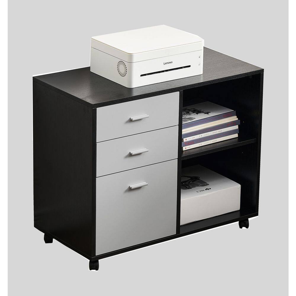 URTR Office Black and Light Gray Lateral File Cabinet with Drawers and Shelves Storage Cabinet with Wheels 1 EA Printer Stand HY02315Y