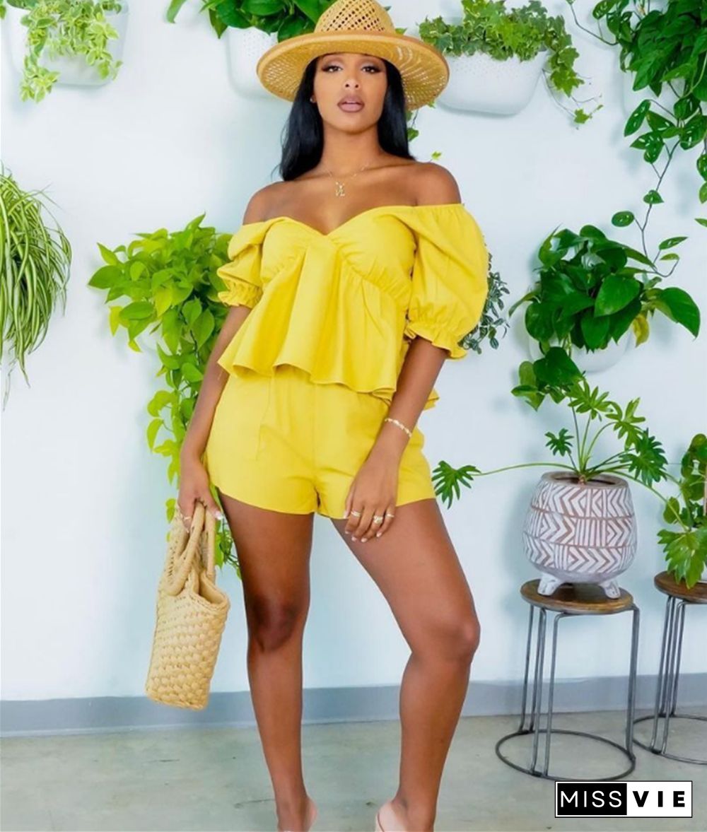 Off Shoulder Short Sleeve Two Piece Shorts Set