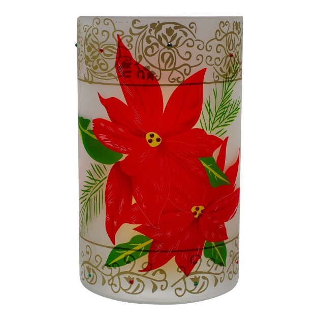 Hand painted Red Poinsettias And Gold Flameless Glass Christmas Candle Holder