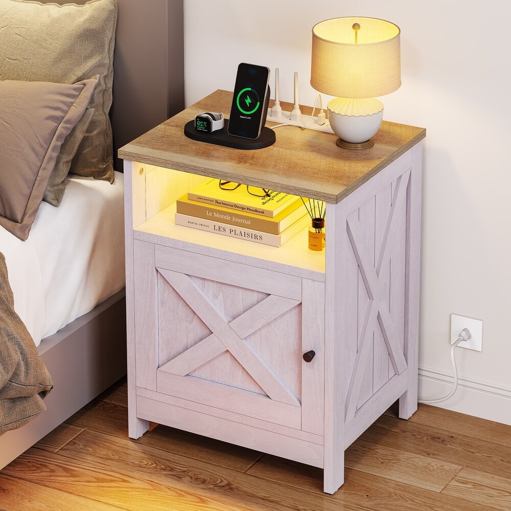 Moasis Farmhouse X Design LED Nightstand with Charging Station End Side Table