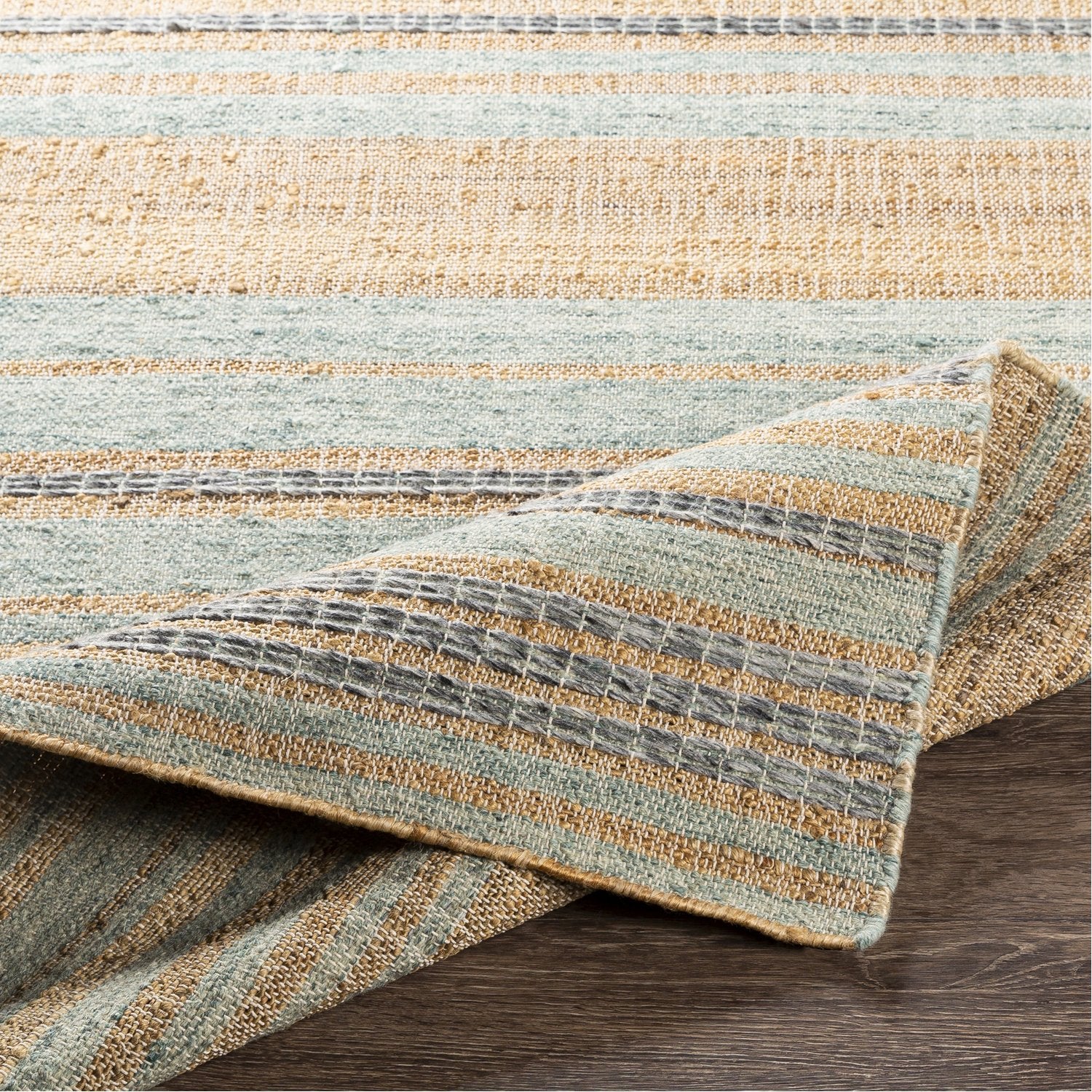 Arielle Hand Woven Rug in Wheat, Camel, Navy, Medium Gray, Mint, Sage, White