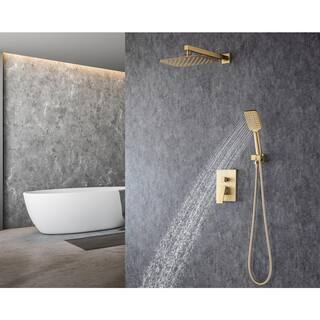 Mondawe Mondawell Square 3-Spray Patterns 12 in. x 8 in. Wall Mount Rain Dual Shower Heads with Handheld  Valve in Brushed Gold MA-D97202LSJ