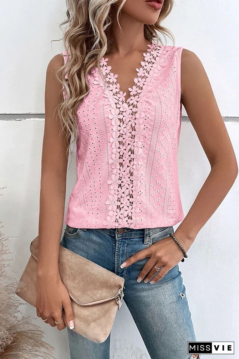 V Neck Jacquard Eyelet Tank Top