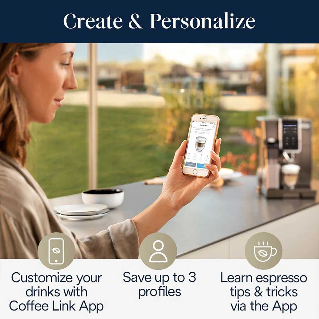 DeLonghi Dinamica Plus Titanium Smart Coffee and Espresso Machine w/ Coffee Link Connectivity App + Automatic Milk Frother