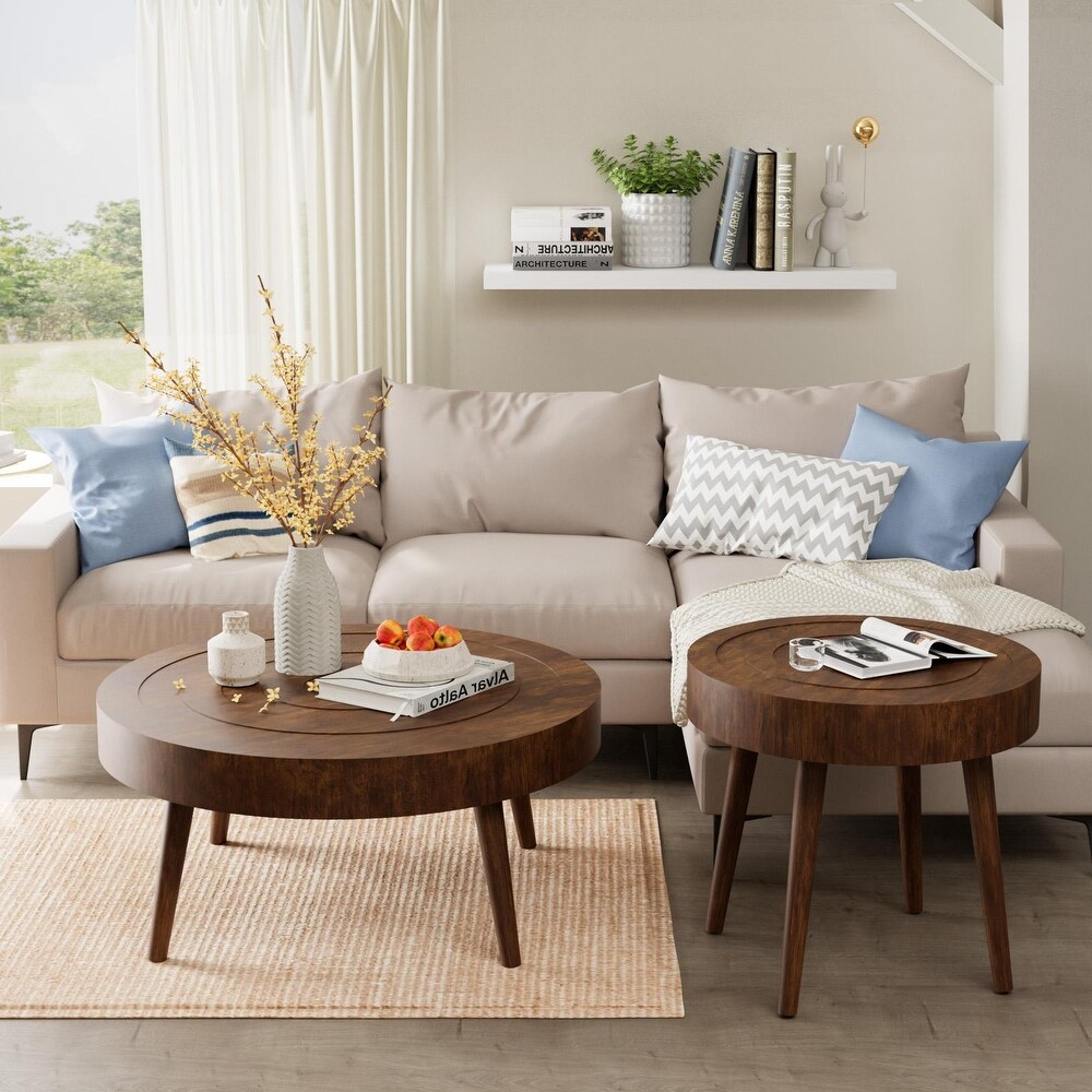 COSIEST Rustic Brown Solid Wood Coffee Table for Living Room