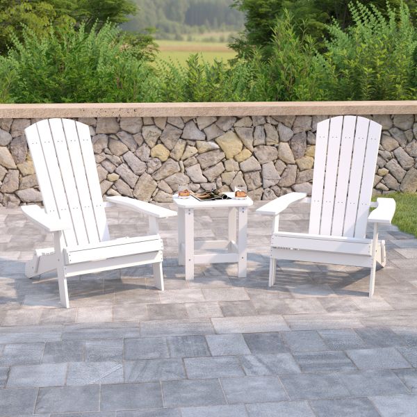 2 Pack Charlestown Commercial All-Weather Poly Resin Folding Adirondack Chair with Side Table