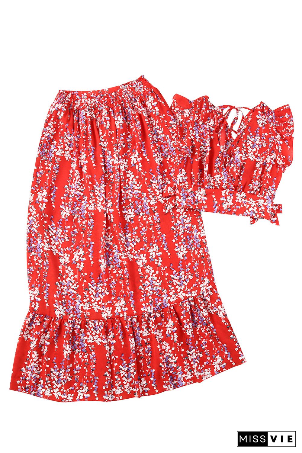 Red Multicolor Floral Ruffled Crop Top and Maxi Skirt Set