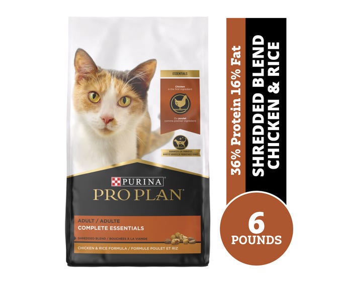 Purina Pro Plan Adult Complete Essentials Shredded Blend Chicken  Rice Formula Dry Cat Food， 6 lb. Bag