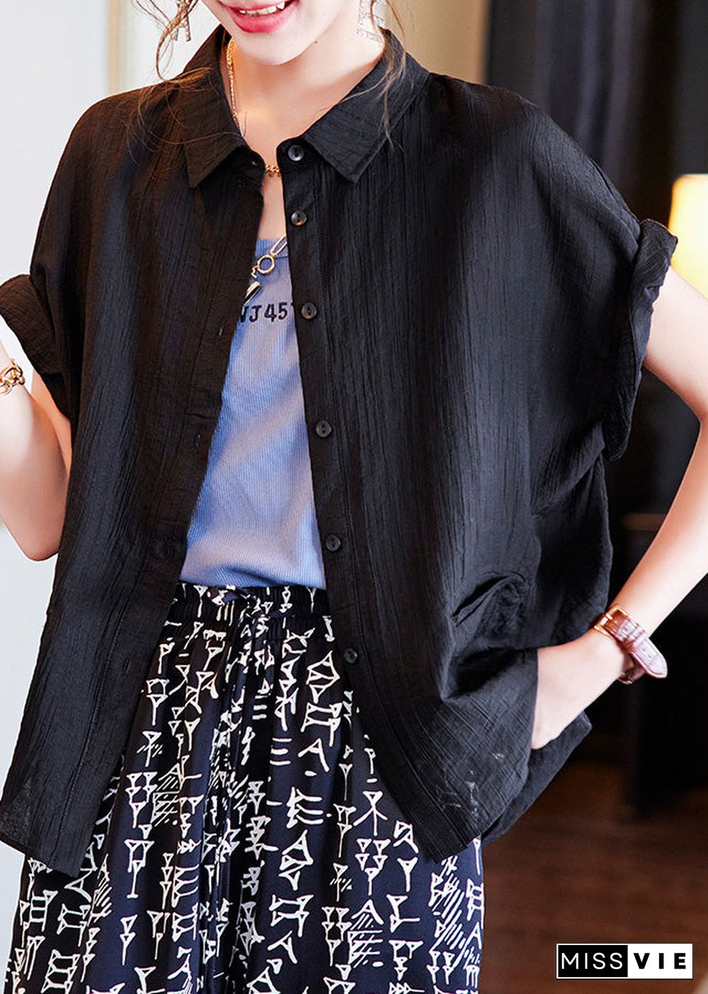 Black Low High Design Button Solid Silk Shirt Summer