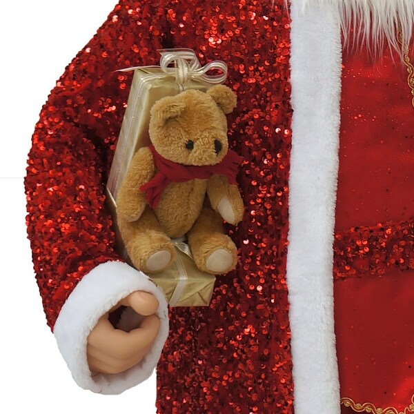 Fraser Hill Farm 58In. Dancing Santa in Red Sequin Suit with Teddy Bear and Wrapped Gifts