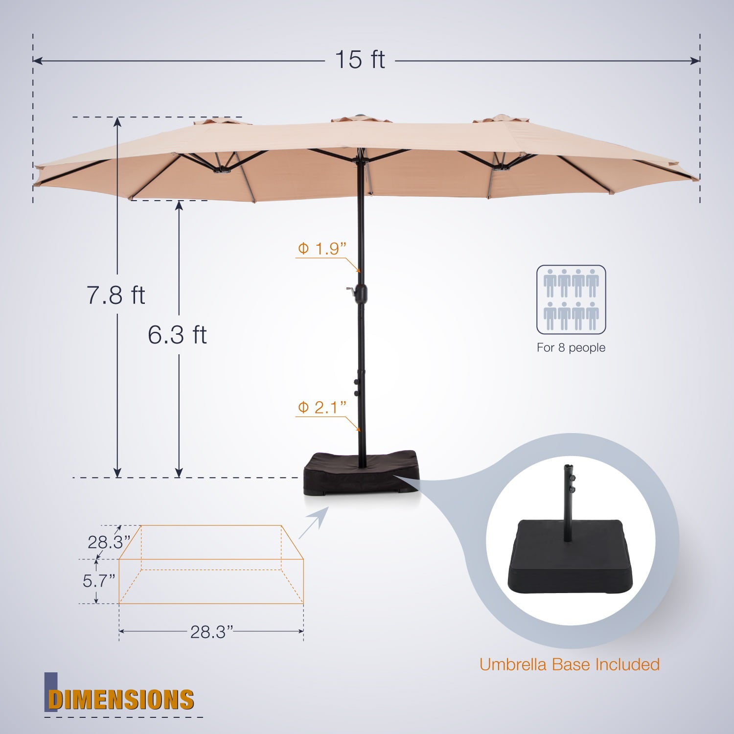 MF Studio 15ft Double-Sided Patio Umbrella with Base Large Outdoor Table Umbrella Beige