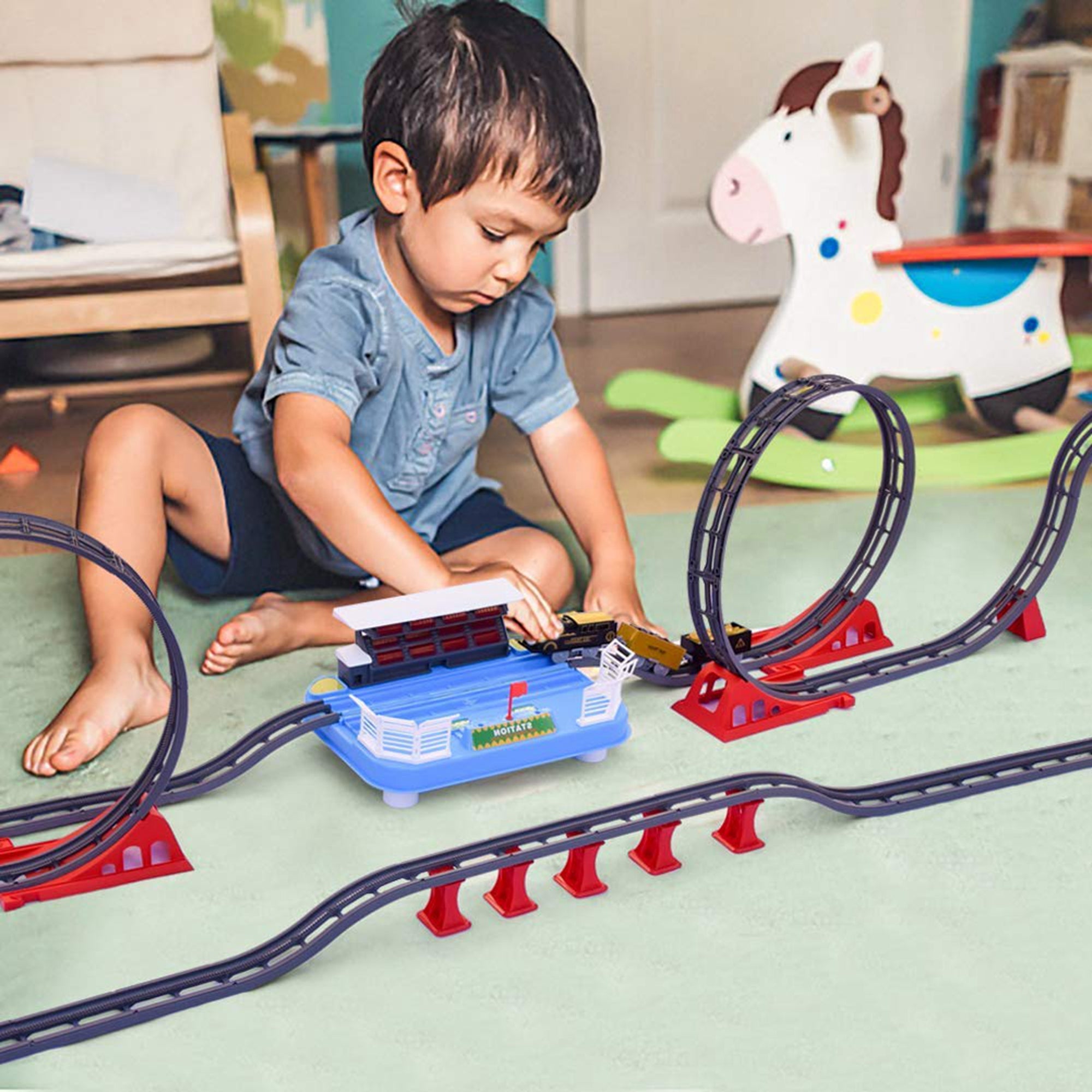 Fun Little Toys 78 Pcs Train Set Toys for Kids， Flexible Railway Tracks Roller Coaster Playset， Batteries Operated Toy Train with Light and Sound， Gift for 3 4 5 6 Years Old Toddlers Boys and Girls