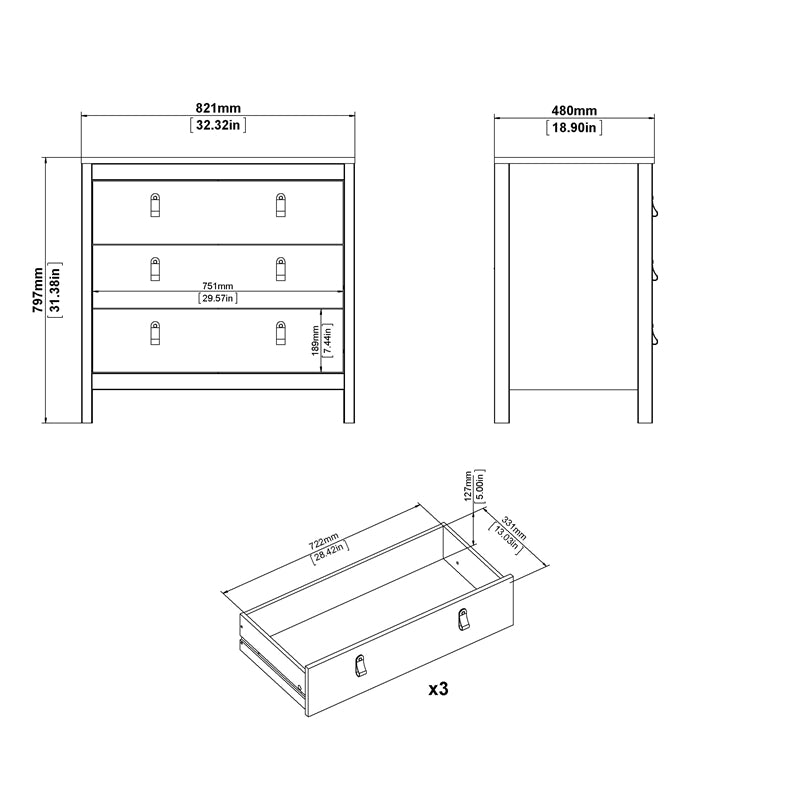 Madrid 3 Drawer Chest, Black Matte