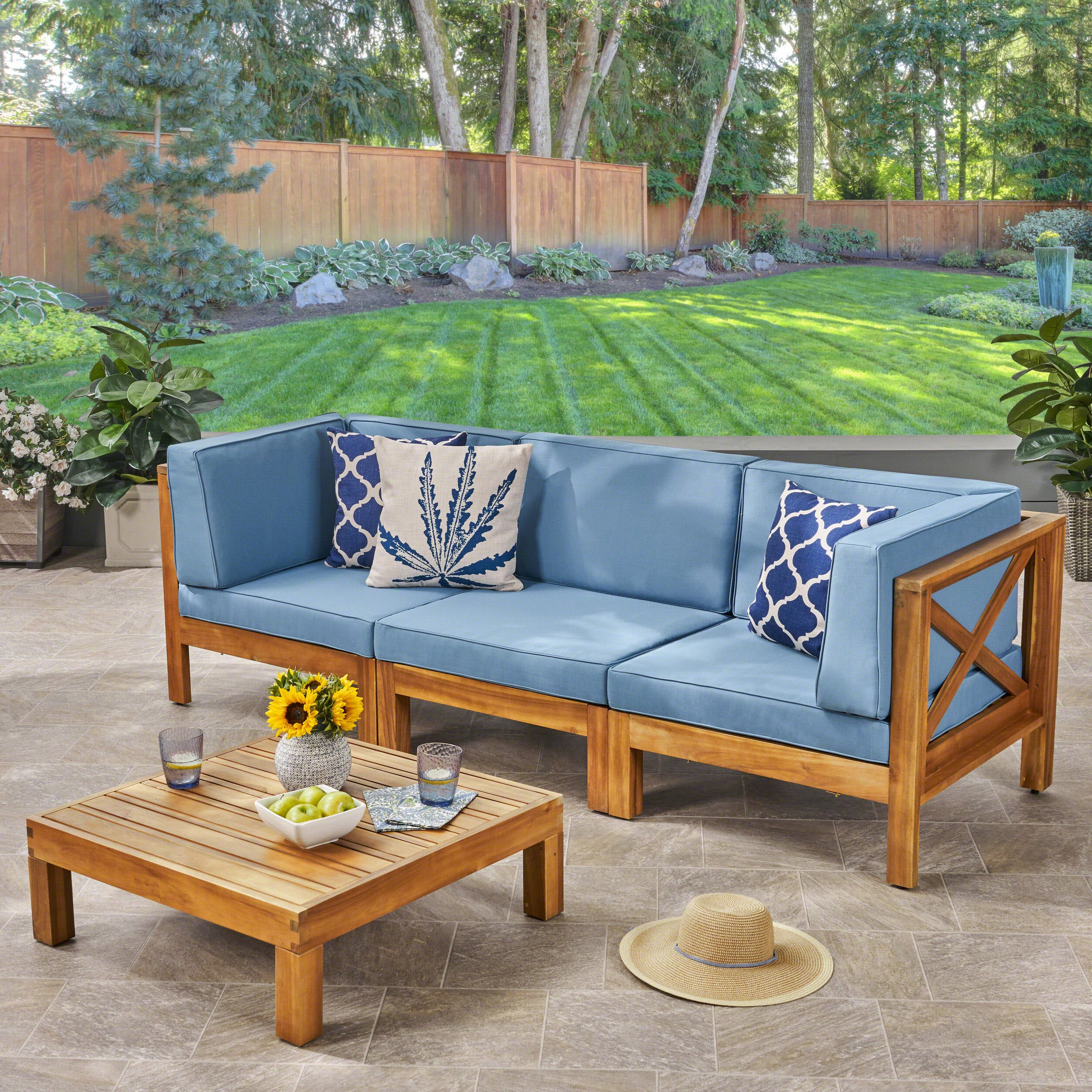 Brava Outdoor Modular Acacia Wood Sofa and Coffee Table Set with Cushions