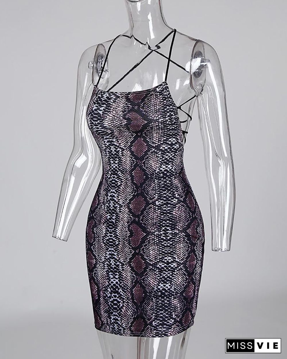 Snakeskin Print Halter Lace-Up Back Dress