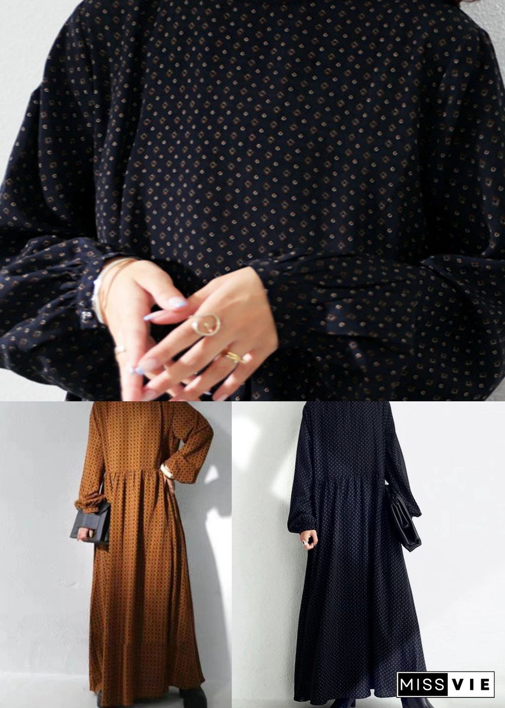 Brown Dot Print Chiffon Maxi Dresses Stand Collar Wrinkled Long Sleeve