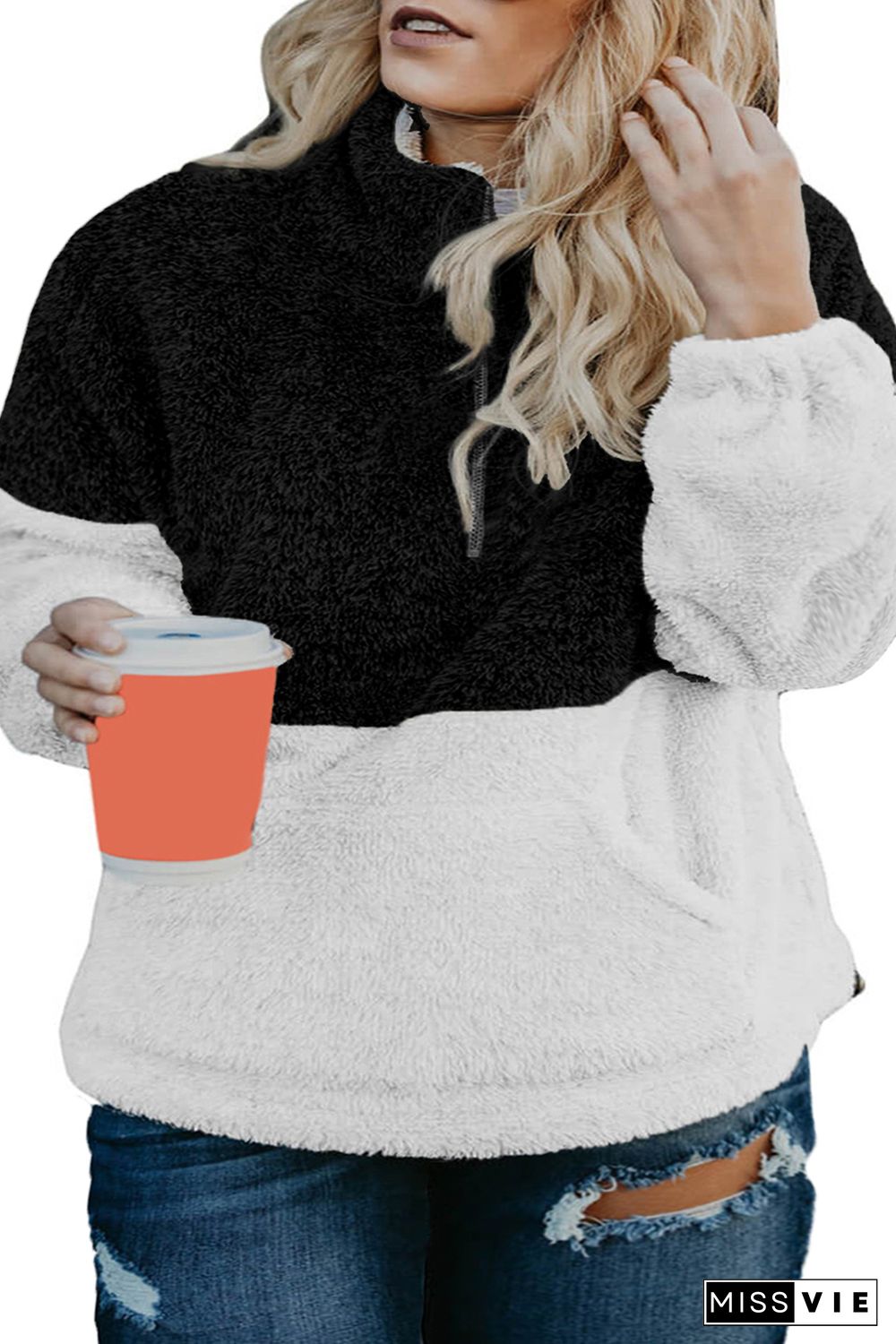 Black Colorblock Half Zipper Fleece Plus Size Sweatshirt with Pocket