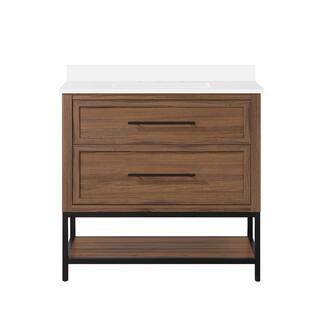 Home Decorators Collection Corley 36 in. W x 19 in. D x 34.50 in. H Single Sink Bath Vanity in Spiced Walnut  White Engineered Stone Composite Top Corley 36SW